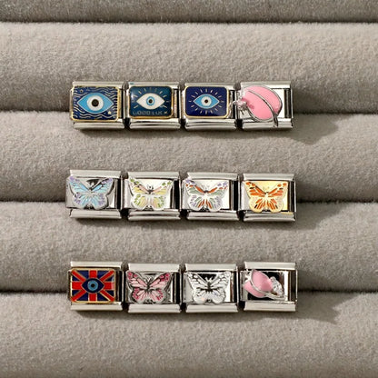 Fashion Drip Glaze Blue Eyes Colorful Butterfly Italian Charm Links Fit 9mm Stainless Steel Bracelet Jewelry DIY Making Beads