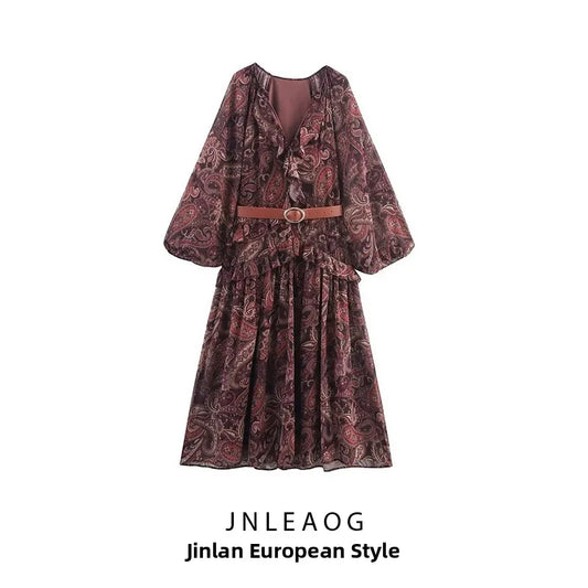 Faionable Spring New Women's V-ne Printed Dr with Belt High Waist Pleated Casual Sle Long Sve Zipper Closure Dr