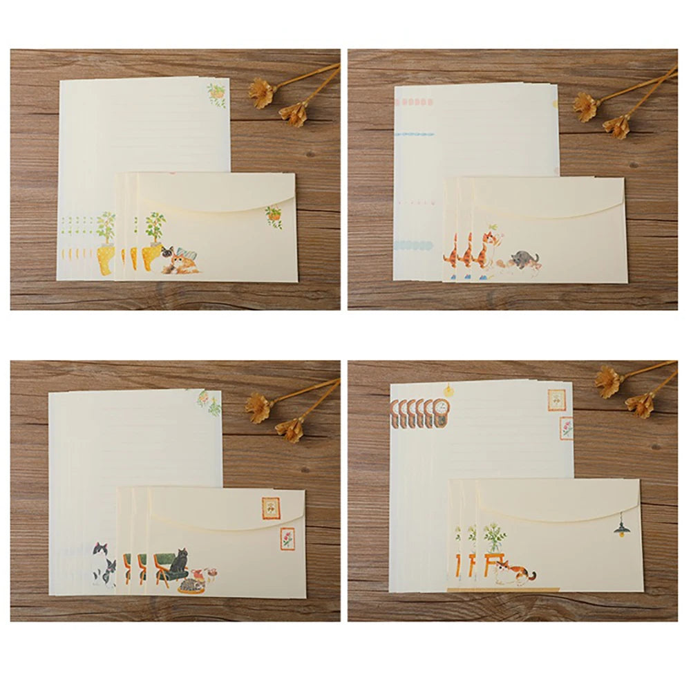 A Set of 36 Letter Writing Sets with Cats as the Theme, Including 24 Thread Draft Letters and 12 Matching Envelopes