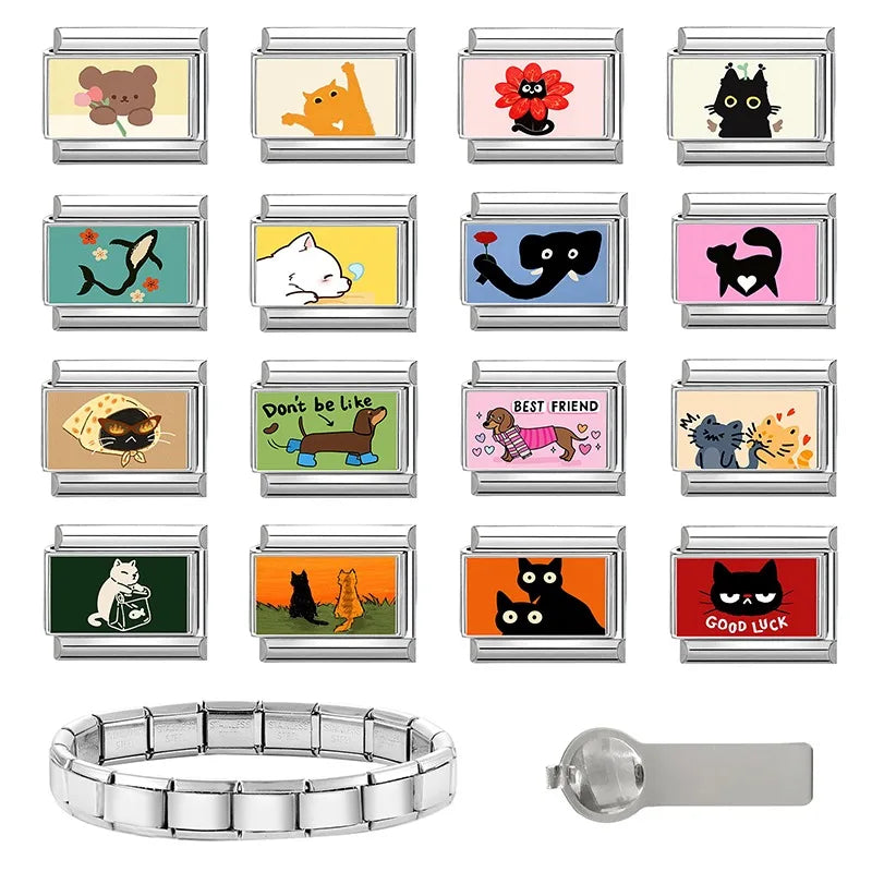 2026 Women's Funny Cat Bite Tail Elephant Dog Animals Italian Charm Link Fit 9mm Stainless Steel Module Bracelet Making Jewelrys