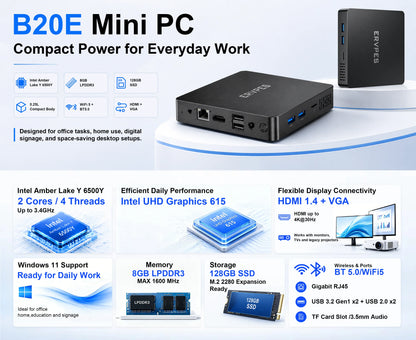 ERVPES B20E Mini PC 8GB RAM 128GB SSD Intel 6500Y Windows 11 BT5.0 Apollo Lake Desktop Microcomputer Dual Band Wi-Fi HDMI