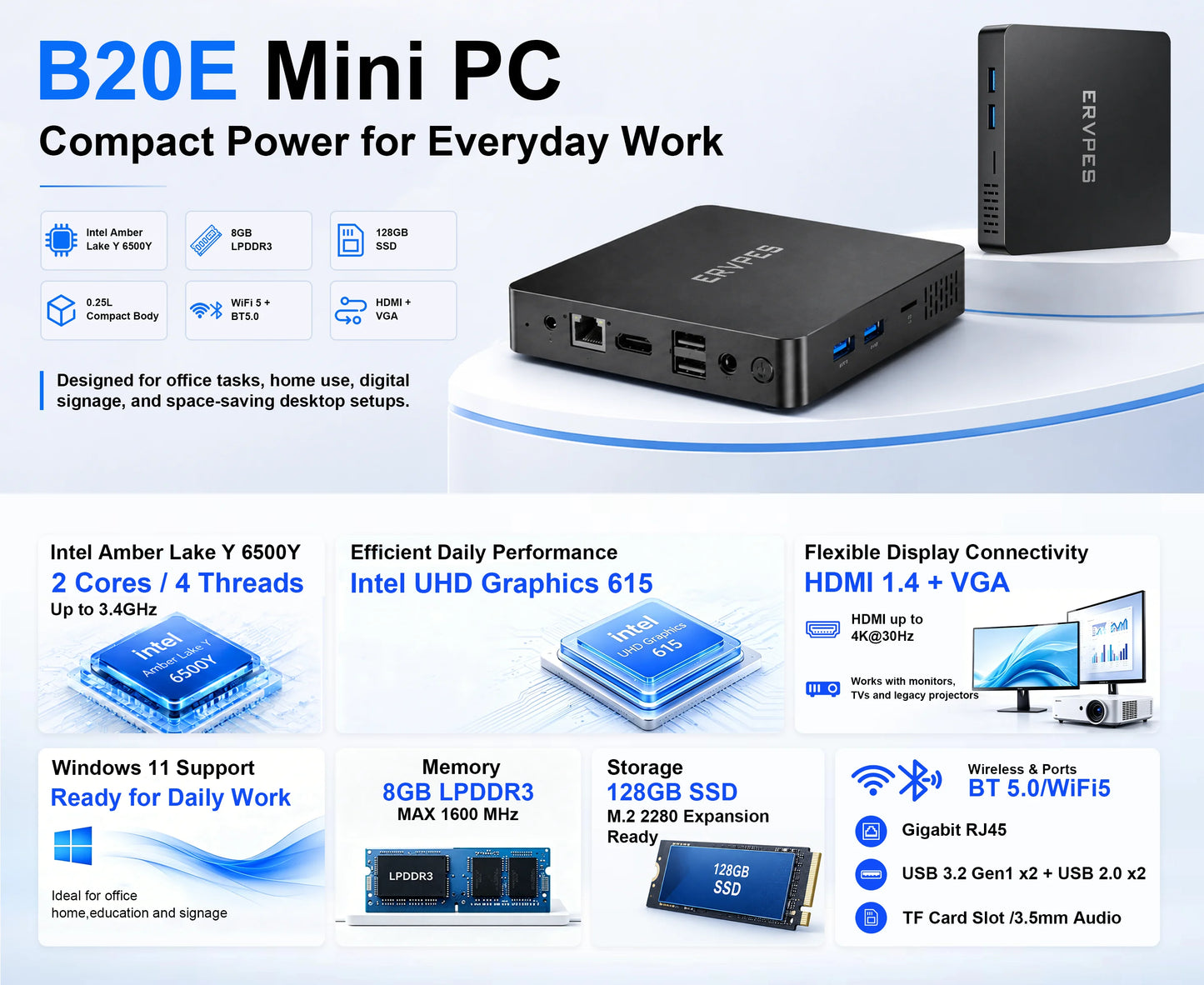 ERVPES B20E Mini PC 8GB RAM 128GB SSD Intel 6500Y Windows 11 BT5.0 Apollo Lake Desktop Microcomputer Dual Band Wi-Fi HDMI