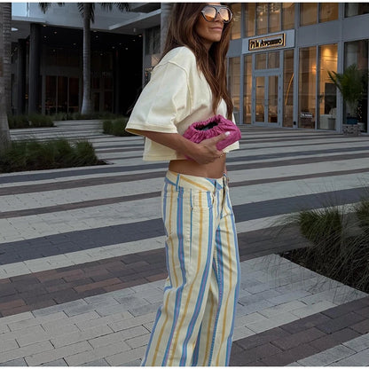 Casual Striped Women's Jeans Mid-rise Single Button Pockets Lady Curved-leg Pants 2026 Spring Summer Fashion Female Trousers