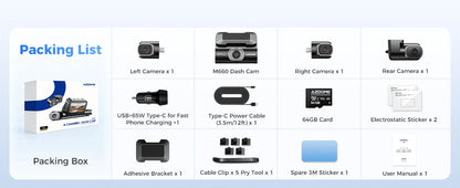 AZDOME Dash Cam M660 2.5K+3*1080P 4CH Car DVR GPS 5G Wifi Free 64GB Card Voice Control 24H Parking Monitor Super Night Visio