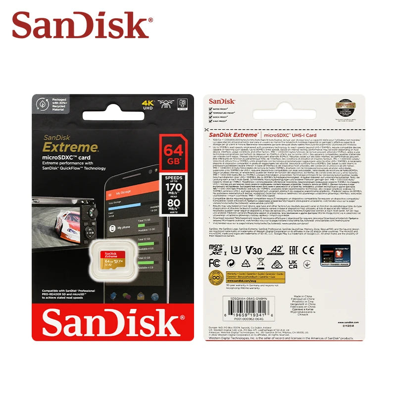 Sandisk Micro SD Card Extreme A2 A1 V30 SDXC Flash 32GB 64GB 128GB 256GB 512GB 1TB MicroSD Card 190MB/s TF Card for Phone Tablet