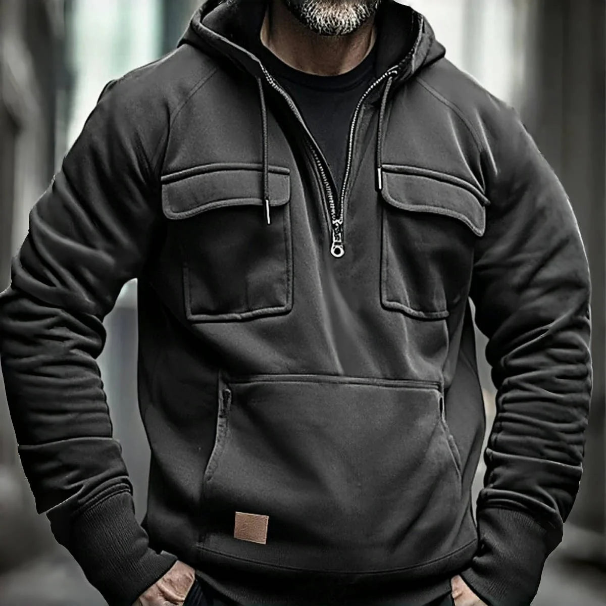 Men's Casual Sports Hooded Sweatshirt New Style Outdoor Thick Fashionable Loose Long-Sleeved Pullover with Multiple Pockets