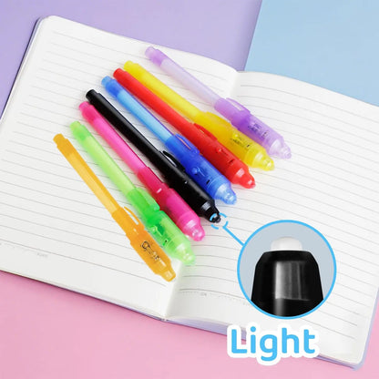 Invisible Ink Pens with UV Light,8 Colors Glow ,Secret Message Writing Detective Party Favors, Birthday Christmas