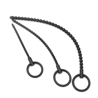 Deep Sensation Self-Discovery: 3-Piece Silicone Beaded Urethral Sound Set with Safety Pull Ring Male Intimate Penis Plug Trainer
