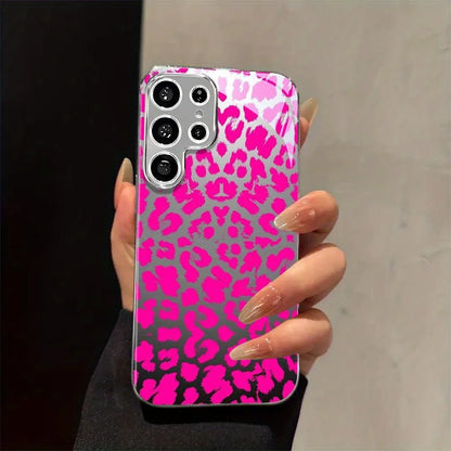 Gold-plated Tempered Glass Phone Case, Compatible Galaxy S26 S25 S24 S23 S22 Ultra Plus. Features a Pink Leopard Print Design.