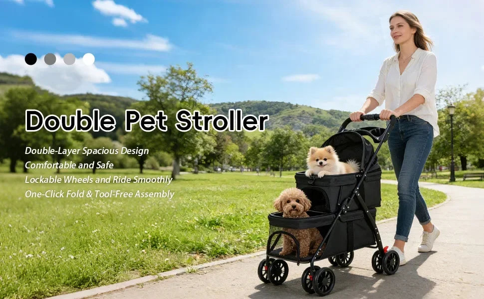 Dual‑Layer Pet Stroller Foldable Travel Dog Cat Cart Breathable Mesh Wagon with Cup Holder Storage Bag for Small Animals