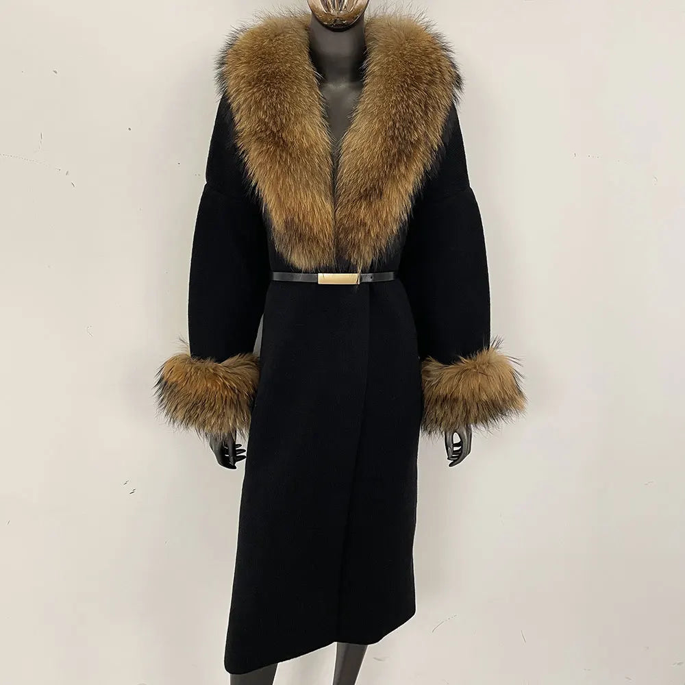 Long Knitwear Coat Women Warm Belt Real Fox Fur Jacket Female 2024 New Autumn Winter Kintted Natural Fur Coat Women