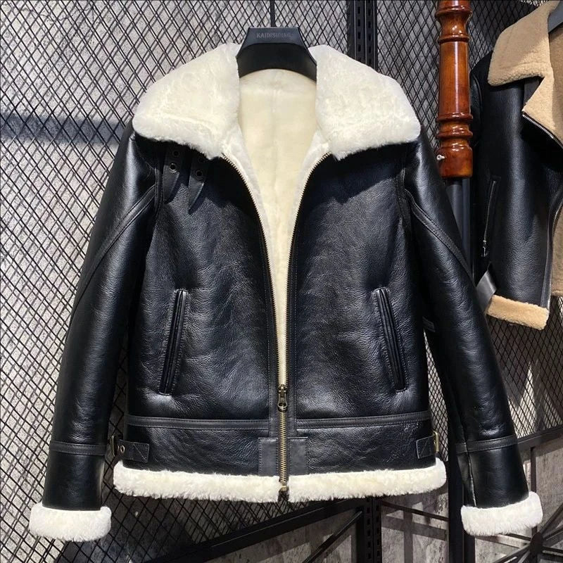 CC SHop Best.Guarantee Genuine leather jacket with fur.Winter warm women 100% shearling coat.Street sheepskin with wool jackets