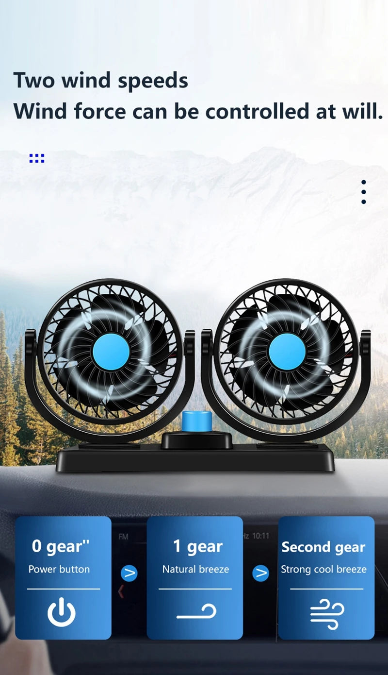 Car Fan 360° Adjustable 2 Head Air Fan Automotive Electric Fan USB/12V/24V 2 Speeds Car Silent Fan For Home Desk