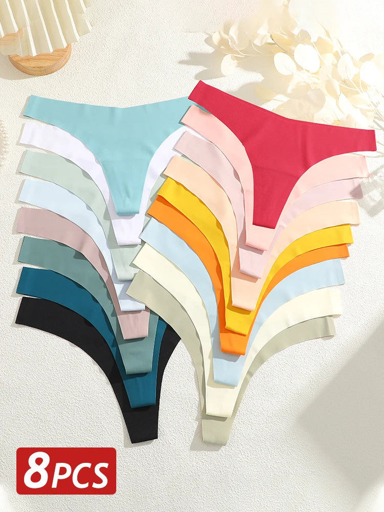 8PCS/Set Women Seamless Ice Silk Thongs Panties Female G-String Breathable Underwear V Waist Sexy Lingerie Ultra Thin Bikini