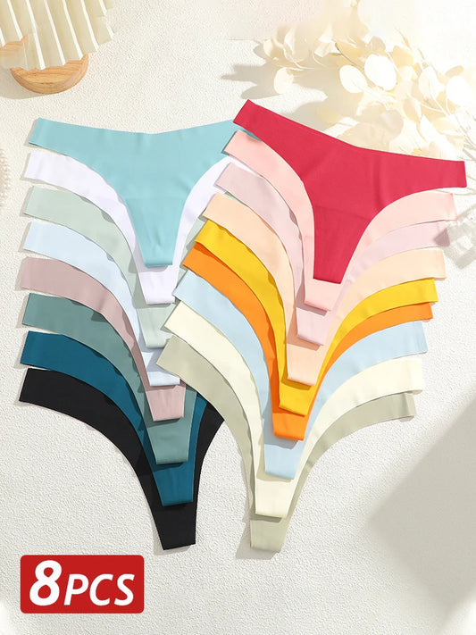 8PCS/Set Women Seamless Ice Silk Thongs Panties Female G-String Breathable Underwear V Waist Sexy Lingerie Ultra Thin Bikini