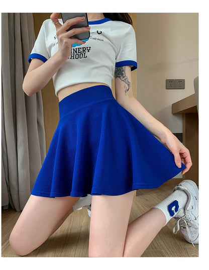 Summer Basic Skirts Women Shorts Mini Elastic Pleated Skirts High Waist Bubble Sun Skirts School Girl Uniform Lined Safety Pants