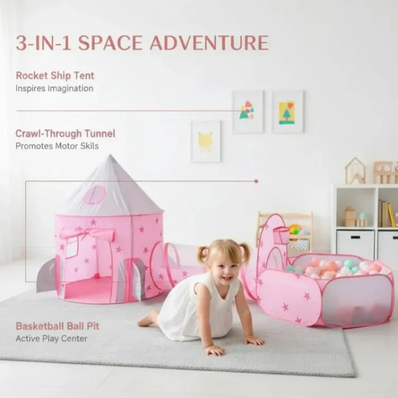 Pink Kids Tent with Tunnel & Ball Pit, Princess Play Tent for Girls, Indoor Outdoor Baby Ball Pit Playhouse with Basketball Hoop