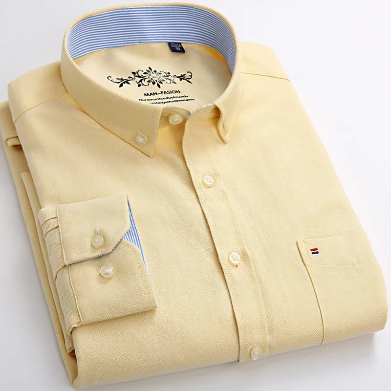 Classic Fit Cotton Full Casual Shirts for Men Solid Color Long-Sleeve Plain Shirt Single Pocket Top Soft Slim Fit Formal Clothes