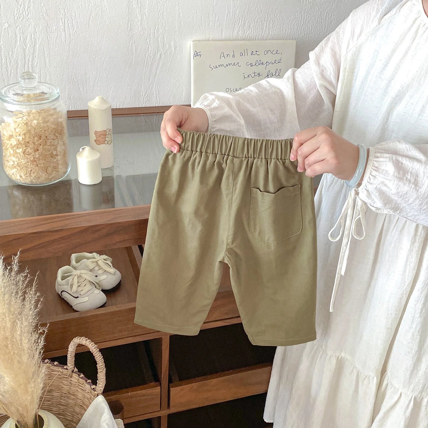 Toddler Girl Cotton Pleated Harem Pants 1-6Y Kids Boys Solid Color Casual Roll Up Trousers Comfy Elastic Waist Kids Bottoms