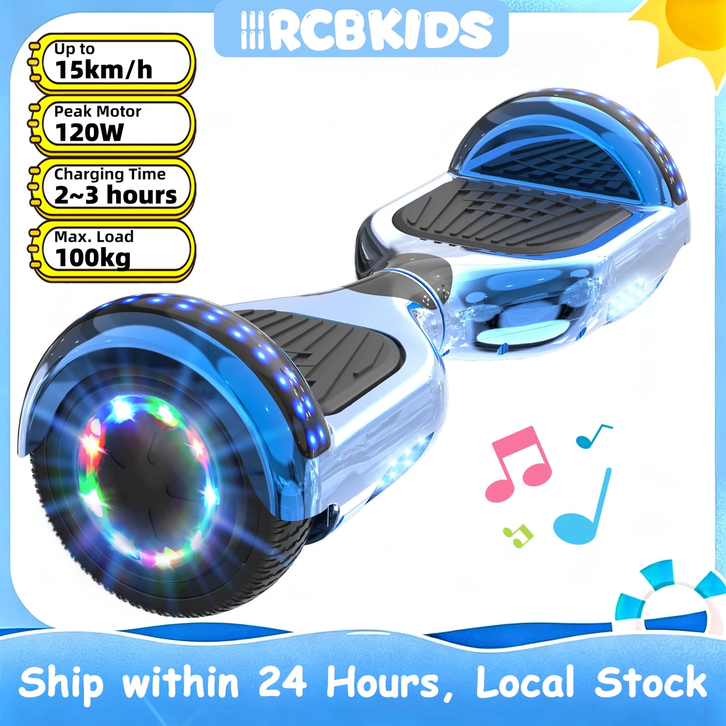 RCB KIDS Hoverboard Two Wheel Self Balancing Scooter 6.5" with Bluetooth Speaker LED Lights Ride On Toy Gift for Kids & Adults