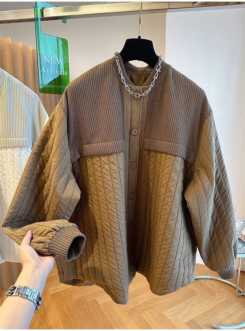 Women Autumn Advanced Design Sense, Niche Loose Casual Knit Stitching, Striped Cotton Coat Winter Light Thin Small Cotton Jacket