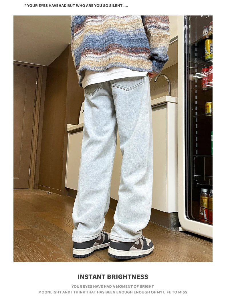 Men's Thicke Fleece Straight Jeans Winter Velvet Thermal Nostalgia Washing Denim Pants Streetwear Elastic Waist Loose Trousers
