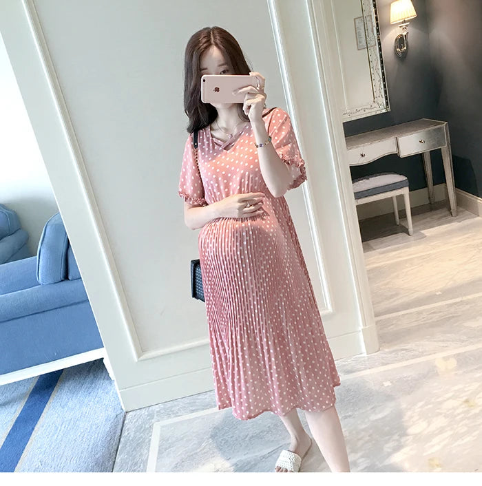 Summer Maternity Dress for Pregnant Women Petal Collar Bubble Sleeve High Waist Peter Pan Casual Temperament Gown