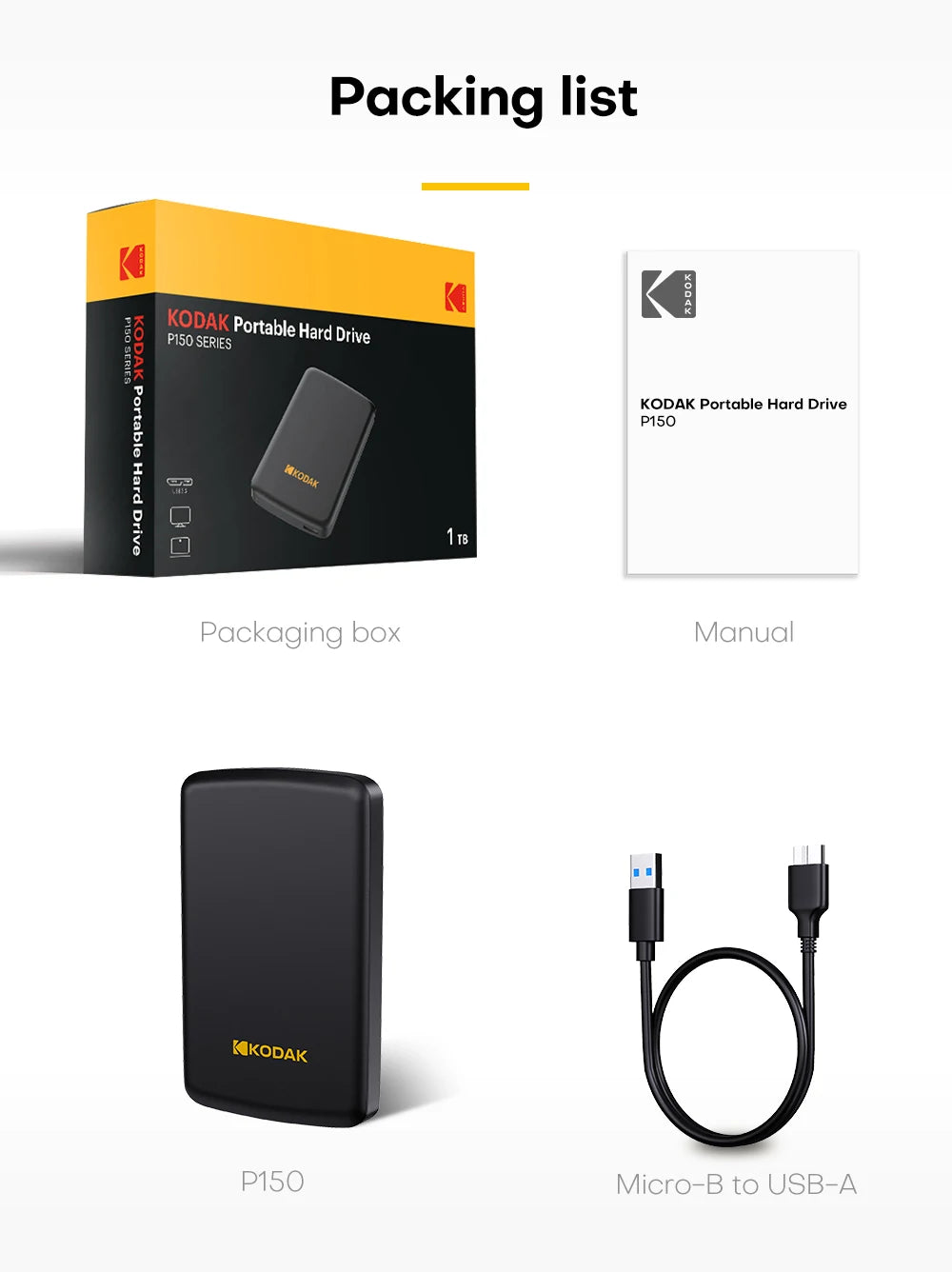 Kodak Portable External Hard Drive HDD P150 5Gbps USB3.0 External Hard Disk 500G 1TB Large-capacity Storage PS4/Xbox/PC