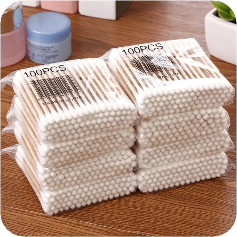 100PCS Double Head Wood Cotton Swab Nose Ears Cleaning Women Makeup Tools Lipstik Cotton Buds Tip Sticks Bastoncillos Oidos