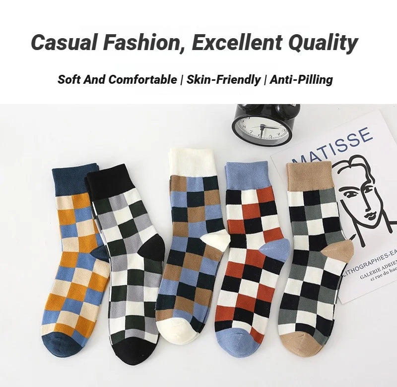 5 Pairs/Lot Combed Cotton Men's Socks Compression Fashion Colorful Square Happy Dress Men Casual Business Grid Gentleman British