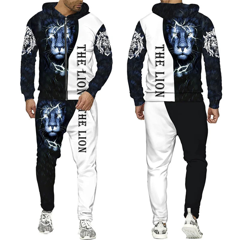 Spring and Autumn Men's Tracksuit 3D The Lion Print Zipper Hoodies Sweatshirts Pants Sets Casual Mens Clothing Women's Tracksuit
