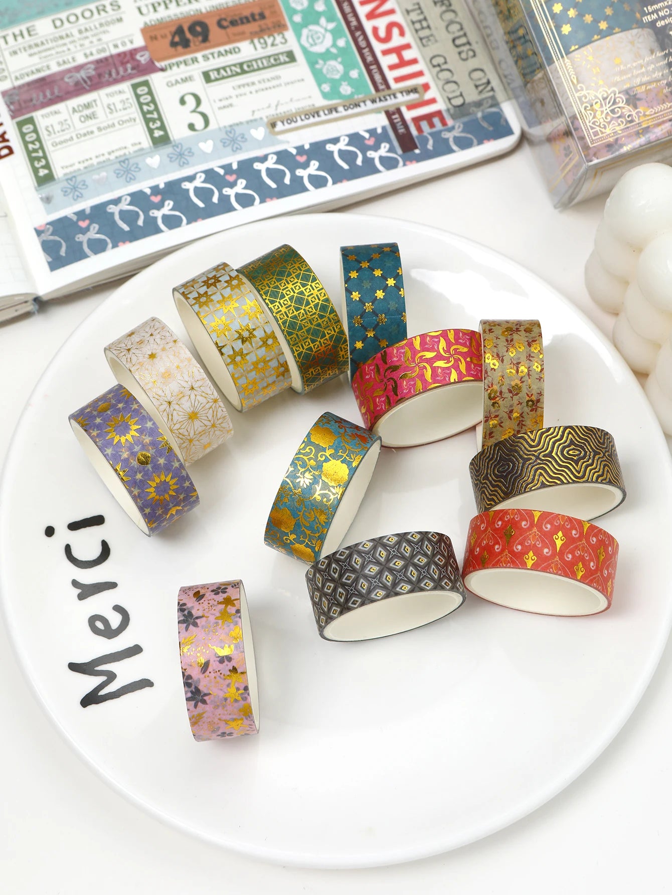 Creative Floral Hot Foil Washi Tape Set,12 Rolls Decorative Masking Tape for Scrapbooking,Journaling,DIY Gift Supplies