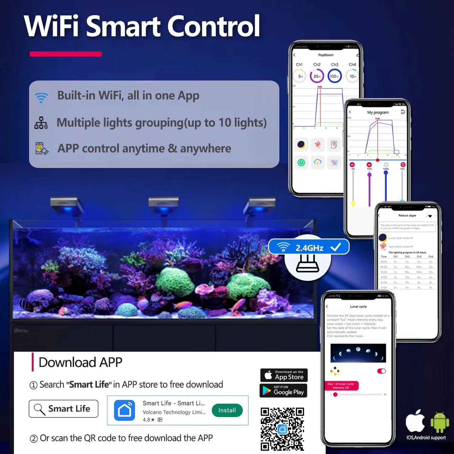 PopBloom WiFi Aquarium LED Light RL90/RL115, Professional Reef Aquarium Lamp Full Spectrum for Reef Coral SPS/LPS Fish Tank