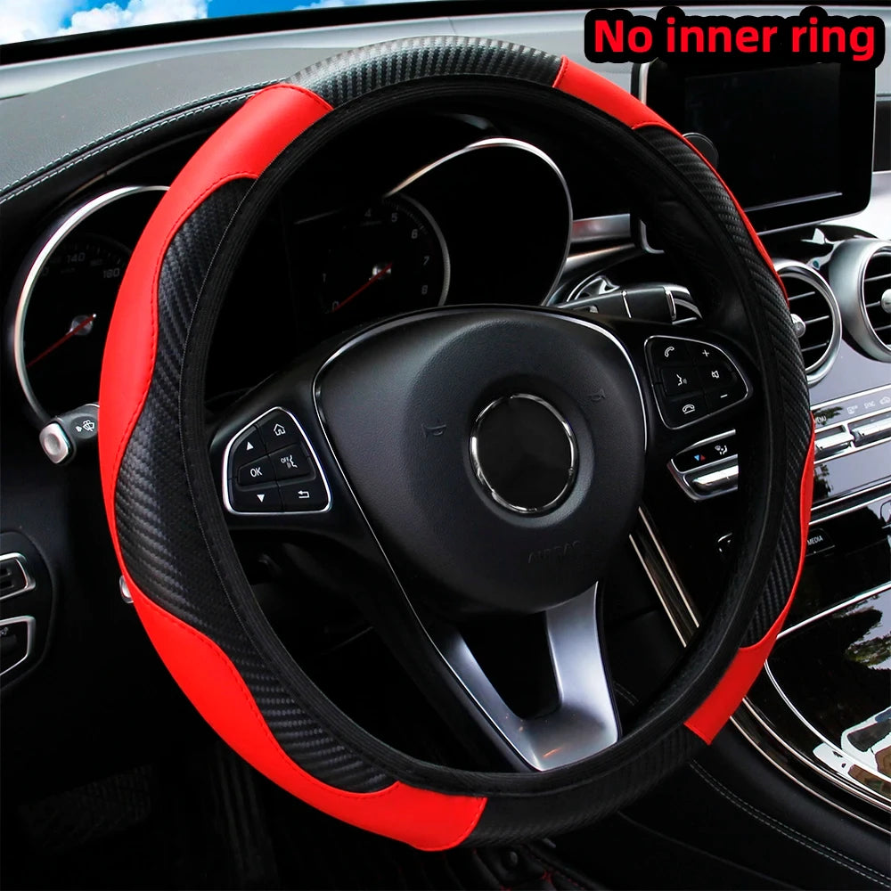 Carbon fiber PU leather car steering wheel cover without inner ring suitable for 14.5-15 inch car wheel covers