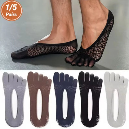 1/5 Pairs Summer Men's Invisible No Show Five Finger Socks Thin Velvet Non-Slip Mesh Breathable Elastic Solid Silk Soft