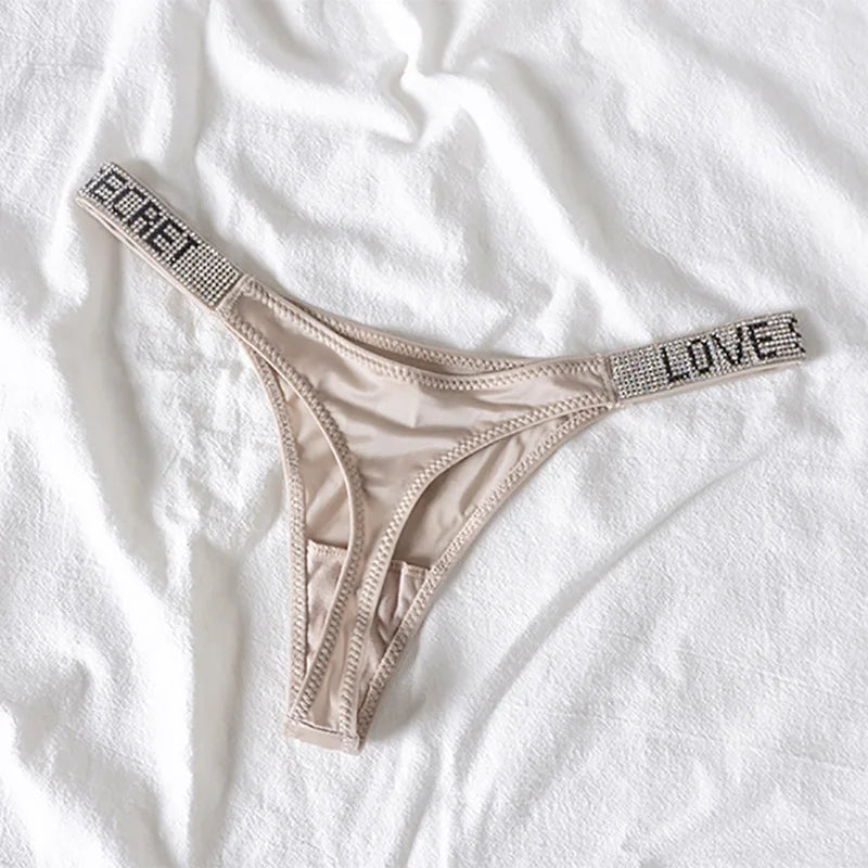 Low Waist Sexy Women Thongs Panties Rhinestones letter Diamonds G String Sports Thong Shorts Briefs T-back Fitness Size S-XL