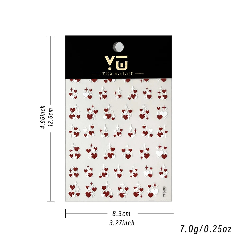 3D Valentine's Day Love Heart Nail Art Sticker Red White Cross Stars Self-Adhesive Nail Decals 8*10cm Kawaii Heart Nail Sticker