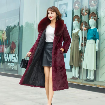 Real Rex Rabbit Fur Coat Women Autumn Winter Long Jacket Thick Warm New Fashion Fox Fur Collar Elegant Female Warm Outerwear