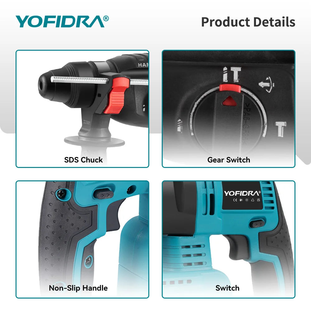 YOFIDRA Brushless Electric Hammer Impact Drill 26MM Cordless Woodworking Impact Drill Power Tools Set For Makita 18V Battery Pin