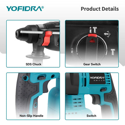 YOFIDRA Brushless Electric Hammer Impact Drill 26MM Cordless Woodworking Impact Drill Power Tools Set For Makita 18V Battery Pin