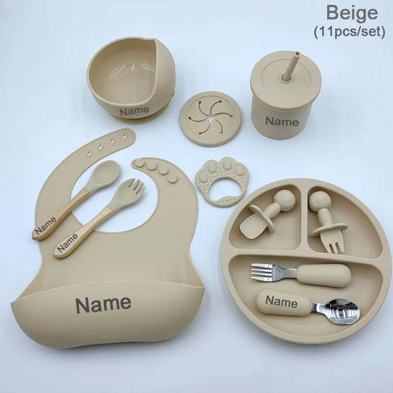 11Pcs Silicone Feeding Sets For Baby Personalized Name Children's Tableware Suction Cup Plates Bowl Spoon Feeding Cups BPA Free