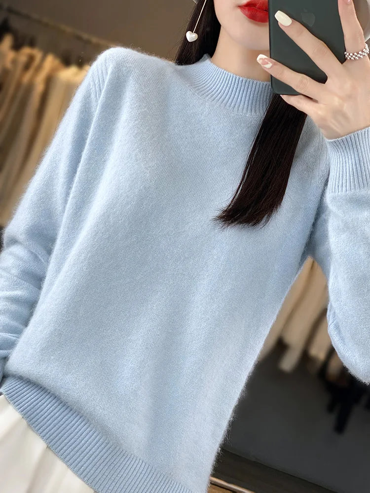 100% Mink Cashmere Sweater Women's Half High Collar Pullover Long Sleeve Cashmere Knitwear Fashion Autumn Winter Female Clothing