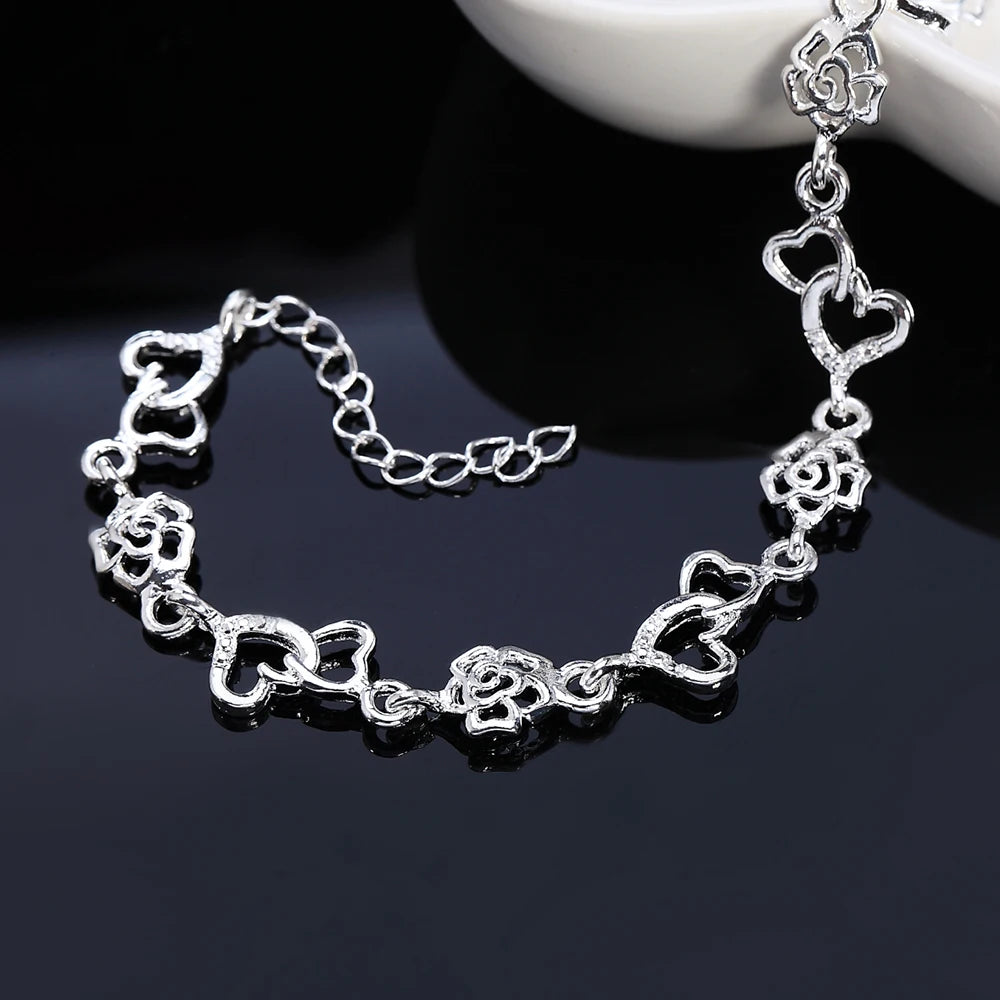 Beautiful 925 Sterling Silver Bracelet for Women Bracelet HEART Lovely Flower Chain Fashion Wedding Party Cute Lady Nice Jewelry