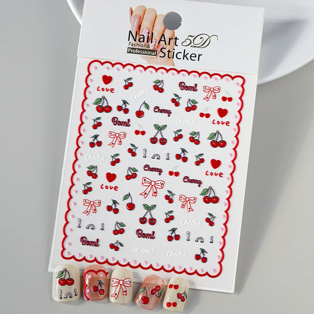 1PC 5D Macaron Flower/Fruit Nail Charms Sticker Embossed Bear/Rabbit/Letter Nails Slider Decals Summer Adhesive Manicure Decor&Y