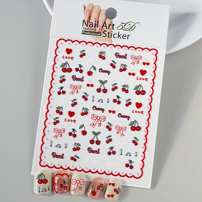 1PC 5D Macaron Flower/Fruit Nail Charms Sticker Embossed Bear/Rabbit/Letter Nails Slider Decals Summer Adhesive Manicure Decor&Y