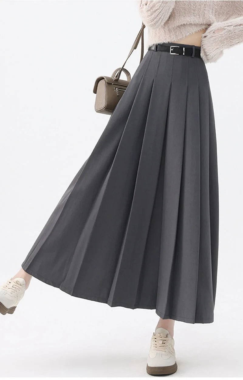 2026 New Women's Pleated Maxi Skirts Autumn High Waisted Zipper Jk Long Skirt Woman Elegant Loose Design Big Swing A-Line Skirts