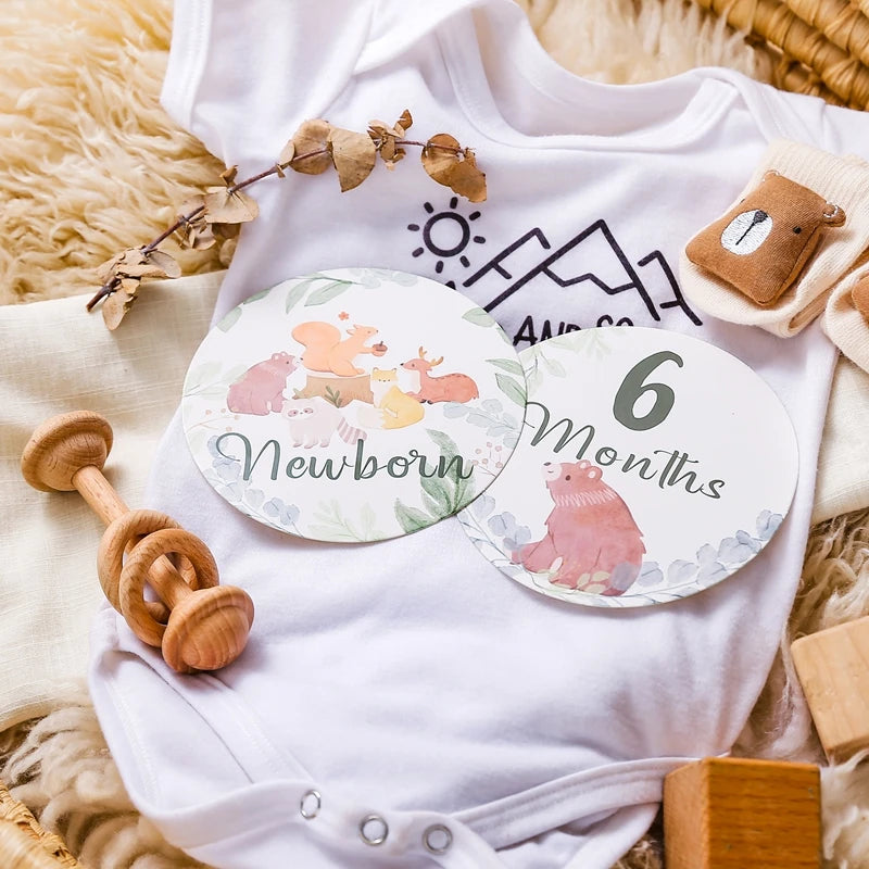 Newborn Baby Growth Milestones 0-12 Months Wooden Card With Box Photo Accessory Cartoon Animal Picture Souvenir Wooden Baby Gift