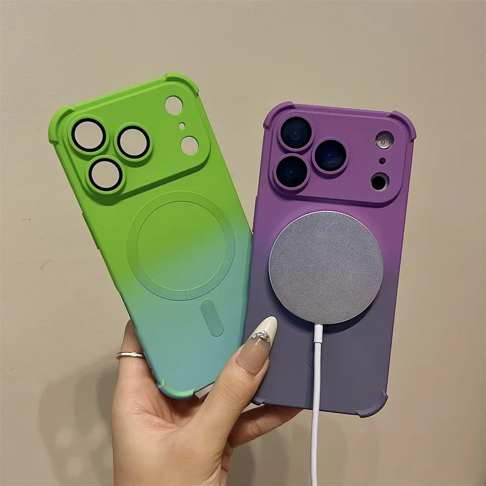 Gradient Color Magnetic Case For iPhone Air 17 16 15 Plus 14 13 12 Pro Max Magsafe Wireless Charging Glass Lens Protective Cover