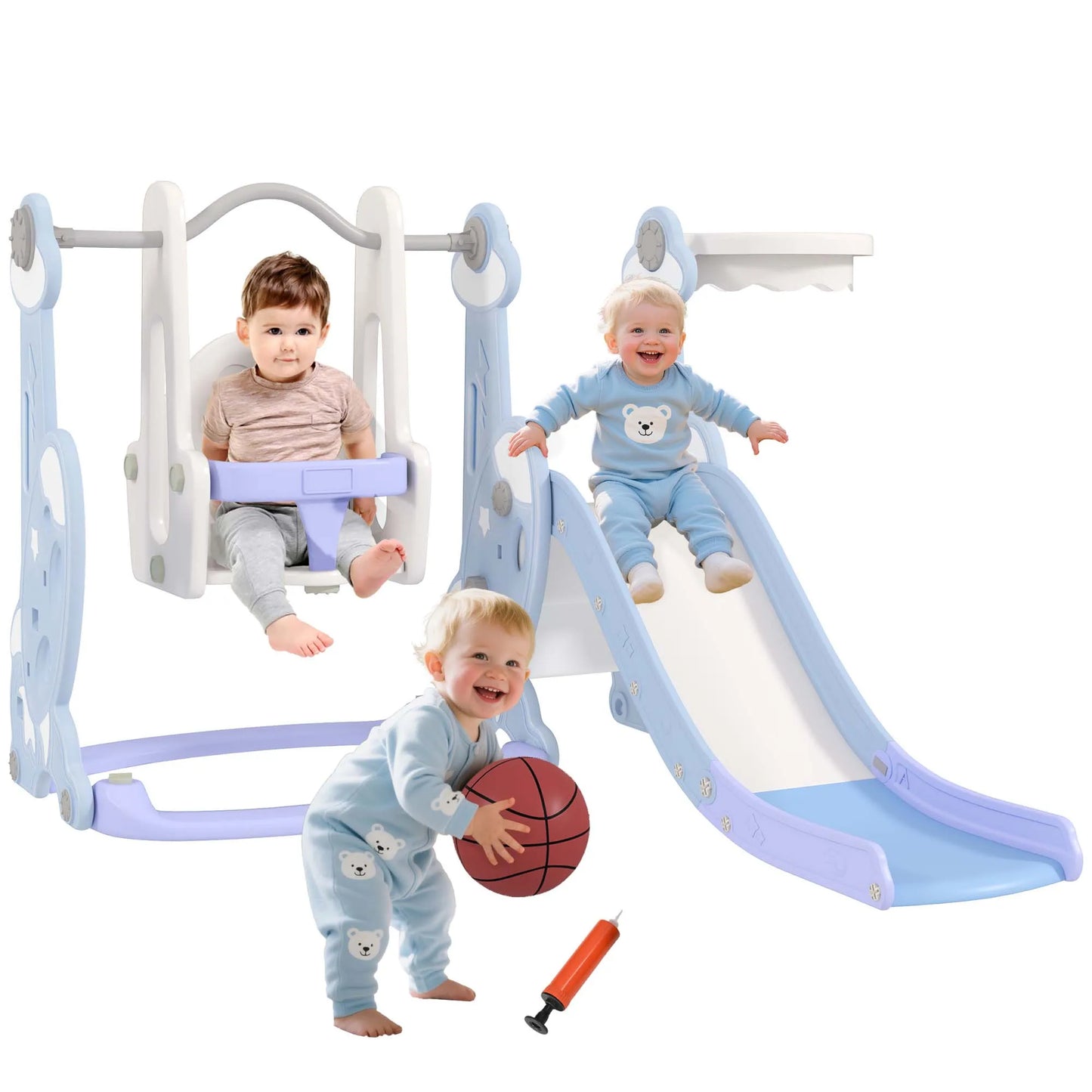 4-in-1 children’s play set with a slide, swing, climbing wall, and hoop, 147.5x160x107 cm, light blue
