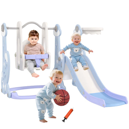 4-in-1 children’s play set with a slide, swing, climbing wall, and hoop, 147.5x160x107 cm, light blue